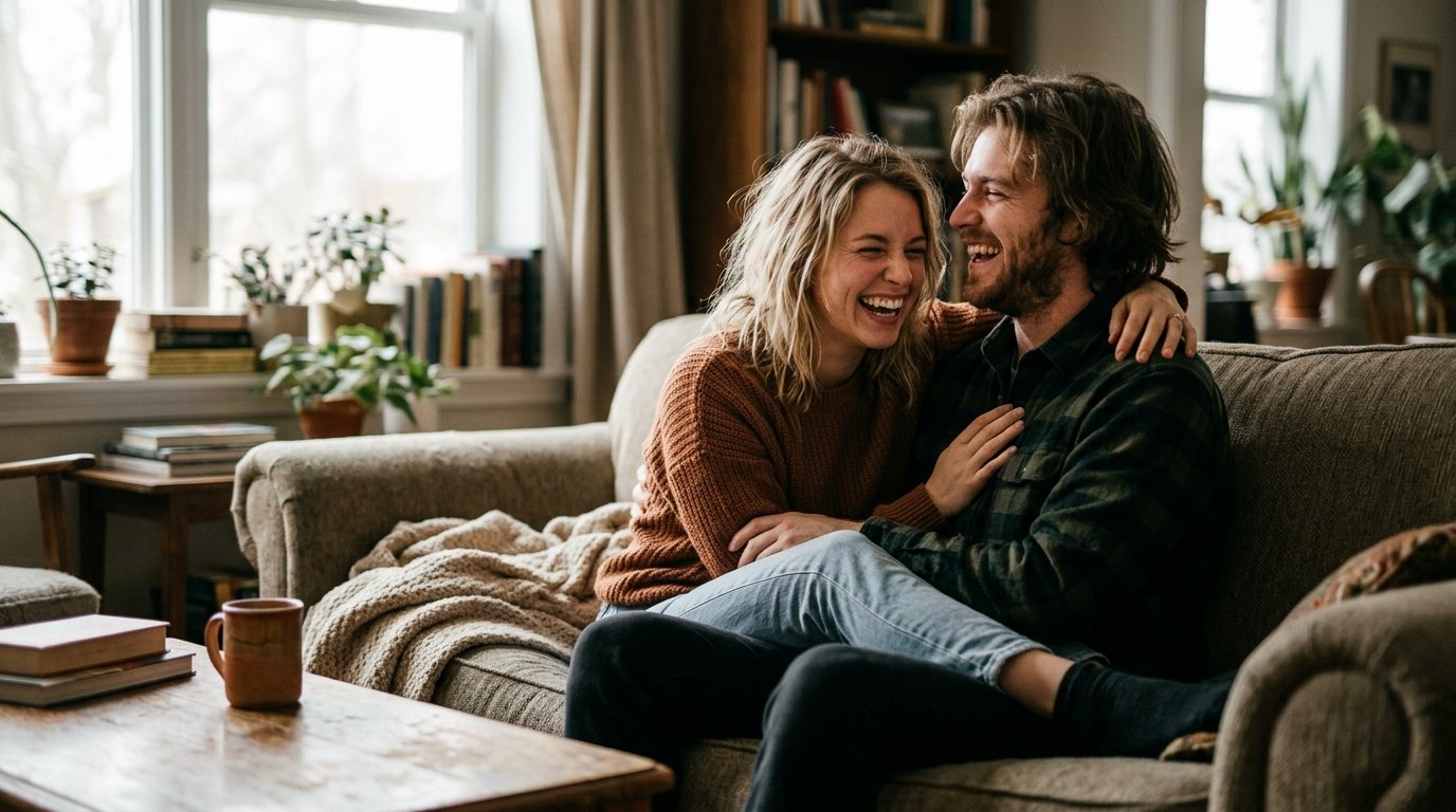Casal sorrindo espontaneamente juntos em momento de afeto